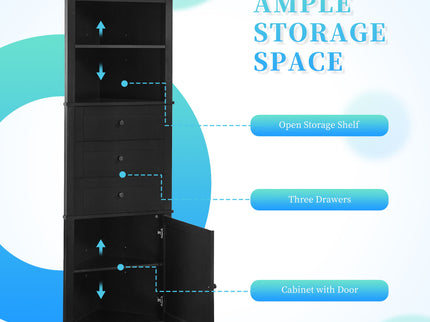 Tall Storage Cabinet With 3 Drawers And Adjustable Shelves For Bathroom