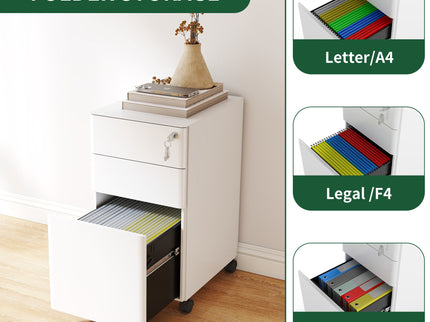 3-Drawer Mobile File Cabinet With Lock, On Wheels, Two Shallow & One Deep Drawer For Office/Home, Fully Assembled - White