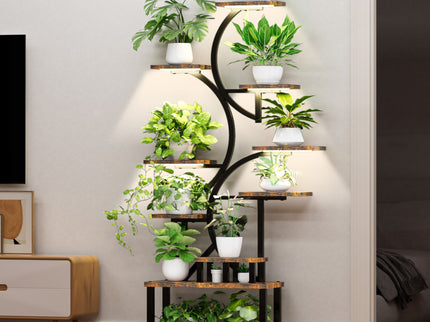 S - Shaped, 10 Tier Plant Stand With 5 Grow Lights - Deep Rustic Brown