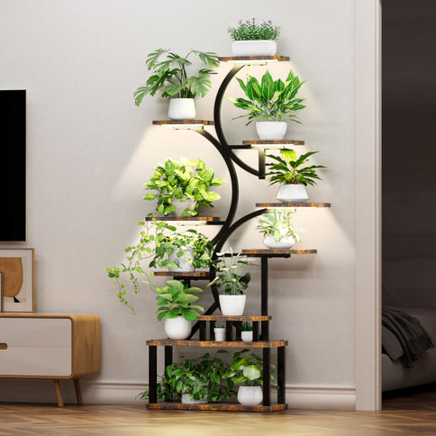 S - Shaped, 10 Tier Plant Stand With 5 Grow Lights - Deep Rustic Brown