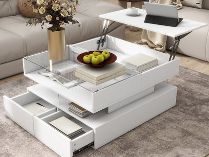 Lift Top Coffee Table With 2 Drawers, Hidden Space And LED Lights For Living Room