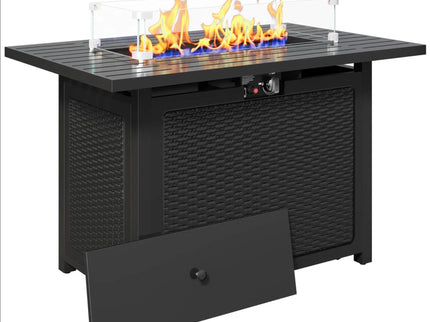 Outdoor 2 In 1 Propane Fire Pit Table With Lid & Glass Shield, Rectangular Fire Table, Lava Rock & Cover - Black