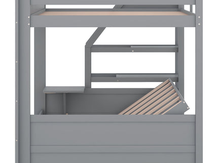 Wood Full Size Convertible Bunk Bed With Storage Staircase, Bedside Table, And 3 Drawers - Gray