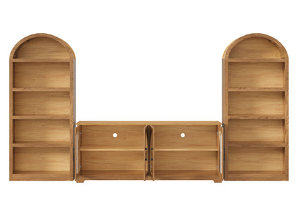 3 Piece TV Stand Set With Bookshelf With Arched Design For Living Room - Brown