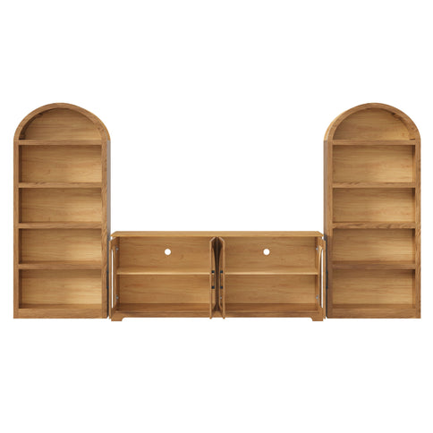 3 Piece TV Stand Set With Bookshelf With Arched Design For Living Room - Brown