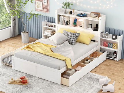 Storage Platform Bed With Pull Out Shelves, Trundle, And 2 Drawers
