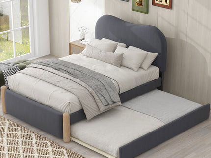 Upholstered Platform Bed With Wood Supporting Feet And Trundle