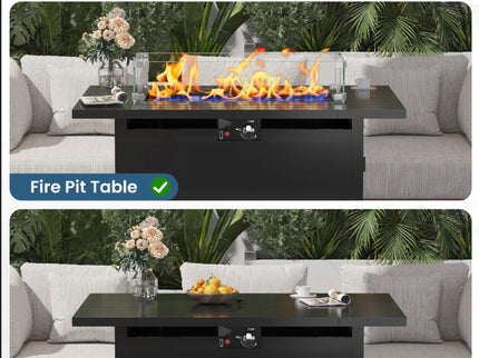 Outdoor 2 In 1 Gas Fire Pit Table With Lid & Glass Shield, Stainless Burner, Lava Rock, Rectangular Design - Black