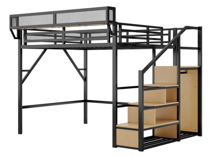 Queen Size Loft Bed & Stairs, Storage Shelves, Wardrobe - Black / Wood