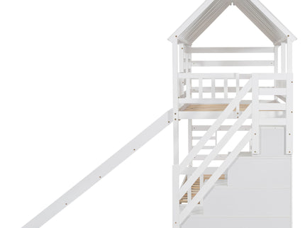 House Bunk Bed With Trundle, Storage Staircase, Roof And Window Design