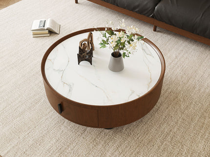 Round Coffee Table With Ball Feet, Pull Handle Storage Drawer - Bouguer Walnut / Brown