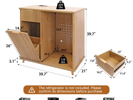 Fluted Coffee Bar Cabinet With Mini Fridge Space & Charging Station - Natural