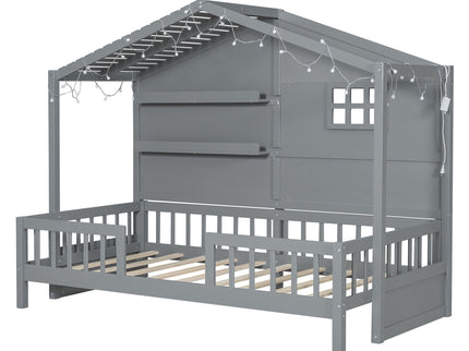 House Bed With Shelves, Window And Sparkling Light Strip On The Roof