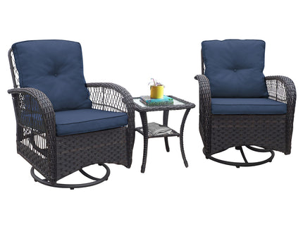 3 Pieces Conversation Set, Outdoor Wicker Rocker Swivel Patio Bistro Set, Rocking Chair With Glass Top Side Table