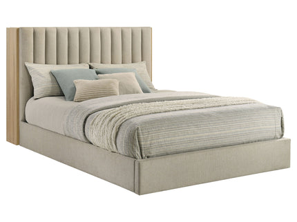 Merritt - Queen Bookcase Storage Bed With Tufted Headboard - Light Oak / Light Tan