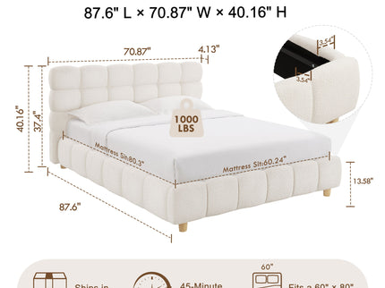 Pula - Queen Platform Bed With Upholstered Headboard, Slat Support, No Box Spring Needed - Ivory