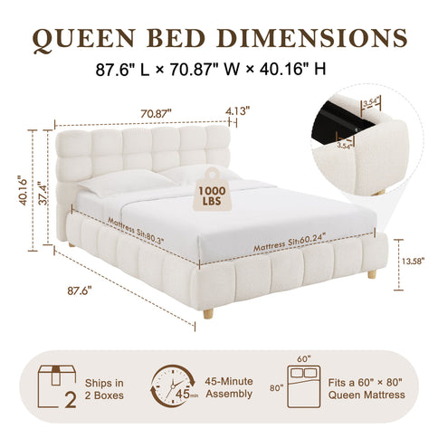Pula - Queen Platform Bed With Upholstered Headboard, Slat Support, No Box Spring Needed - Ivory