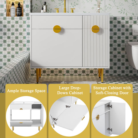 Bathroom Vanity With Sink, Storage Cabinet Soft Closing Door And Drop Down Compartment - White