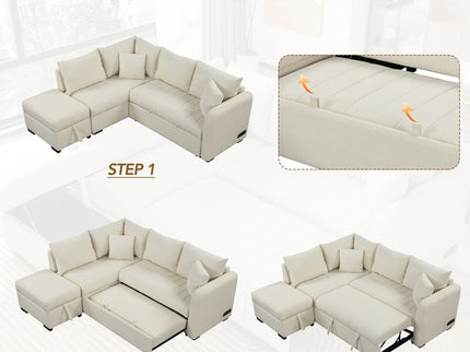 L-Shaped Sectional Pull Out Sofa Bed Sleeper Sofa With Two USB Ports, Two Power Sockets And A Movable Storage Ottoman