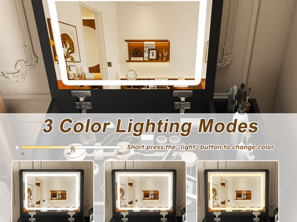 Flip Mirror Vanity Desk With Adjustable LED Lights & Stool For Bedroom