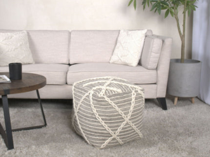 Modern Wool Rope Square Pouf Ottoman Floor Cushion - Gray / Ivory