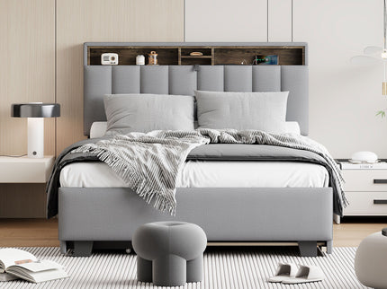 Upholstered Platform Bed With Storage Headboard, Trundle & 2 Drawers And A Set Of Sockets & USB Ports