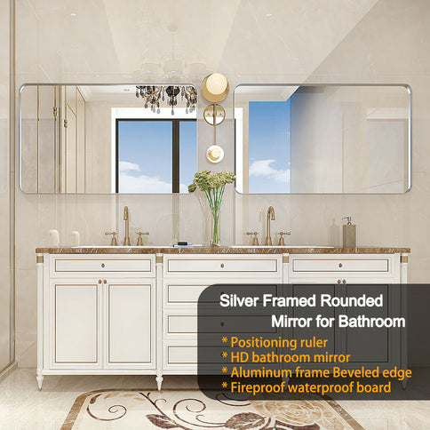 Glossy Brushed Rounded Corner Rectangle Wall Mirror For Bathroom Metal Frame Wall Mounted Bathroom Mirror Home Decor Corner Hangs Farmhouse Mirror (Horizontal & Vertical) - Silver