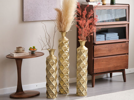 Metal Decorative Vase High Distress Metal Center Vase With 3D Triangle Pattern, (Set of 3) Vases For Home Decoration - Gold