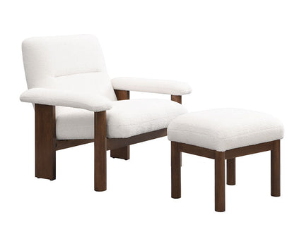 Modern Accent Chair With Ottoman, Mid Century Lounge Chair With Footrest, Comfy Fabric Armchair Upholstered Set With Solid Wood Frame For Living Room - White