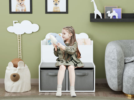 Bookshelf With Storage Bins, Bookcase With Book Display Shelf And 2 Bins, Cute Bear Shaped Backboard, Toy Organizer - White