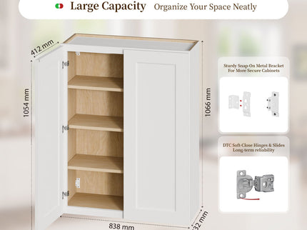 Shaker Wall Cabinet With Soft Close Hinges, Adjustable Shelves, Double Door