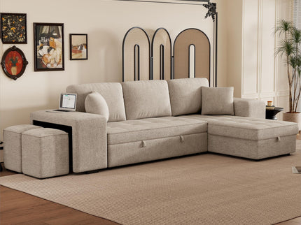 Modern L-Shape 3 Seat Reversible Sectional Couch, Pull Out Sleeper Sofa With Storage Chaise And 2 Stools For Living Room Furniture Set