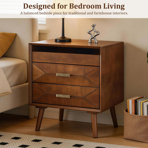Nightstand With Charging Station, 2 Drawers And Open Shelf, USB / Type C Ports
