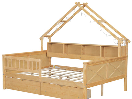 House Style Platform Bed With LED Lights, Storage Shelves, Drawers, And Guardrail