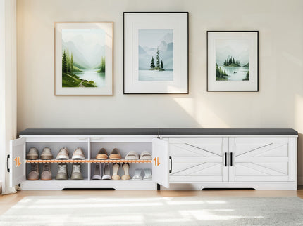 2 Tier Shoe Bench With Padded Seat, 2 Barn Doors And Adjustable Shelves, For Entryway And Living Room - White