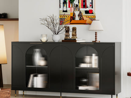 Accent Cabinet Lacquered Wooden Cabinet With 4 Glass Doors Sideboard Buffet Server Cabinet Storage Cabinet, For Living Room, Entryway, Hallway, Office, Kitchen And Dining Room