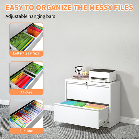 Lateral File Cabinet 2 Drawer, Locking File Cabinet With Anti Tip Interlock, Heavy Duty Storage For Letter / Legal / A4 Files - White