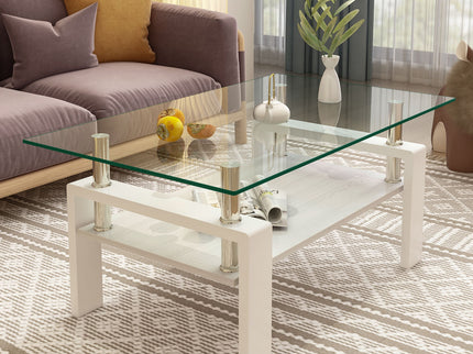 Modern Rectangular Coffee Table With Tempered Transparent Glass Top And Storage Shelf