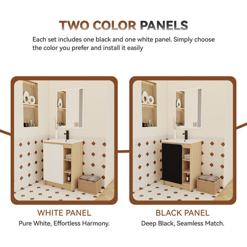 24" Bathroom Vanity With Sink & Wall Mounted Side Cabinet, Vanity Set With Thin Edge Sink, Interchangeable & Door Panels, Open & Hidden Storage - Black / Light Oak / White