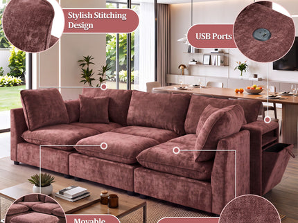 Modern Sectional Sofa U-Shaped With Movable Ottoman Storage Armrests And USB Ports