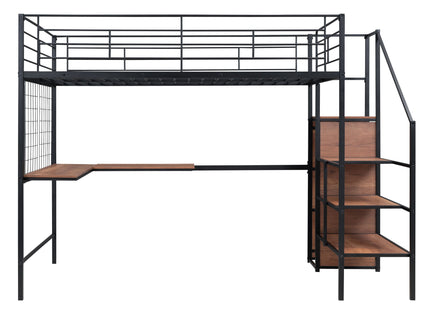 Loft Bed With Desk And Grid, Stylish Frame With Lateral Storage Ladder And Wardrobe