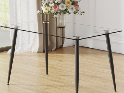 Modern Rectangular Glass Dining Table With Tempered Glass Top And Metal Legs For 4 - 6 People - Black / Transparent