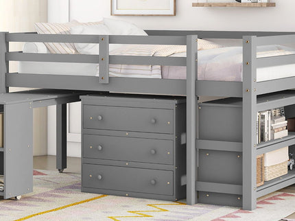 Loft Low Study Bed With Cabinet, Shelves And Rolling Portable Desk, Multiple Functions