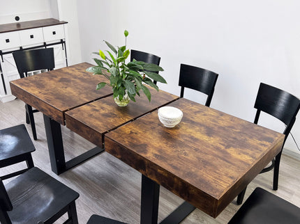 Extendable Dining Room Table For 6 8 10, Modern Farmhouse Wooden Kitchen Expanding Table, Long Large Expandable Dining Room Conference Table - Deep Rustic Brown