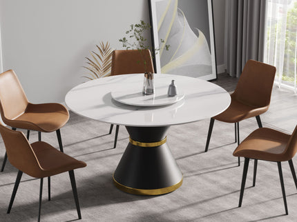 53" Modern Artificial Stone Round Carbon Steel Base Dining Table, Can Accommodate 6 People, Artificial Stone Turntable - White / Black