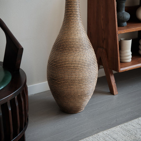 Tall Artificial Rattan Floor Vase In Elegant Statement Piece For Living Room Decor, Entryway, Or Hallway Versatile Home Accent For Dried Or Silk Floral Arrangements - Beige / Gray