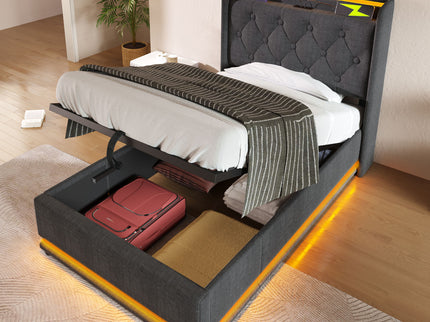 Upholstered Bed, 360 Surround LED Function, Remote Control, Hydraulic Storage Bed With USB, Type-C Charging (Without Mattress)
