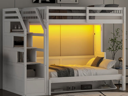 Full Long Loft Bed With Storage Staircase, Murphy Bed, LED Light - White