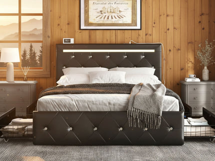 Upholstered Bed Frame With LED Lights, 4 Storage Drawers, Charging Station