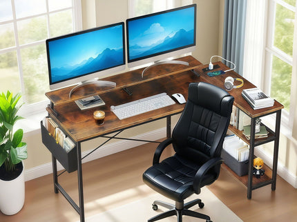 L-Shaped Gaming Desk With Power Outlets, Monitor Stand & Storage Shelves, Reversible Corner Workstation - Black / Brown